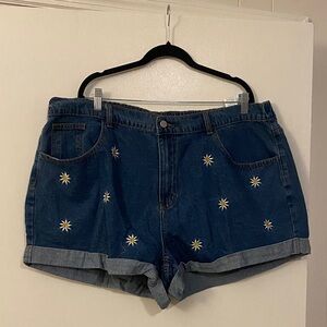 SHEIN Dark Blue Jean Shorts with Floral Accents
